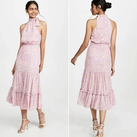 Likely Womens Mona Pink Floral Ruffles Tie-Neck Midi Dress Size 8 - Picture 1 of 8